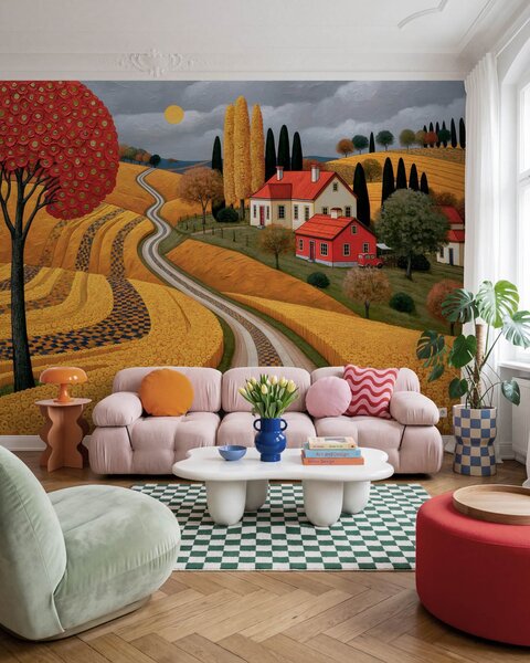 Carta da parati Imitazione di un pittoresco paesaggio toscano realizzata con pennellate tipiche della, Carta da parati Natura, w10049 : Uwalls.it