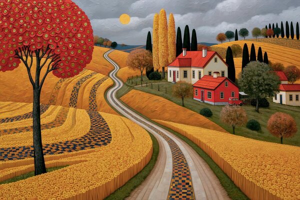 Carta da parati Imitazione di un pittoresco paesaggio toscano realizzata con pennellate tipiche della, Carta da parati Natura, w10049 : Uwalls.it