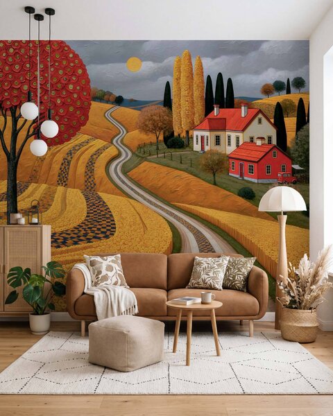Carta da parati Imitazione di un pittoresco paesaggio toscano realizzata con pennellate tipiche della, Carta da parati Natura, w10049 : Uwalls.it