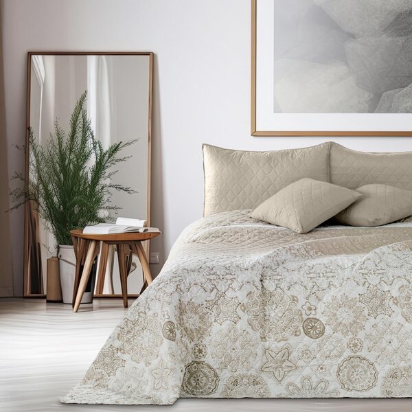 Coperta matrimoniale reversibile, beige e bianca, con motivo astratto, 170x210 cm