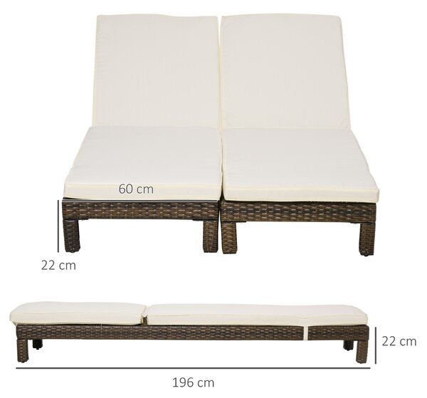 Outsunny Set 2 Lettini Prendisole in Rattan PE con Cuscino e Schienale 5 Reclinazioni, 196x60x22cm|Aosom