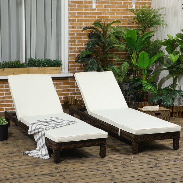Outsunny Set 2 Lettini Prendisole in Rattan PE con Cuscino e Schienale 5 Reclinazioni, 196x60x22cm|Aosom