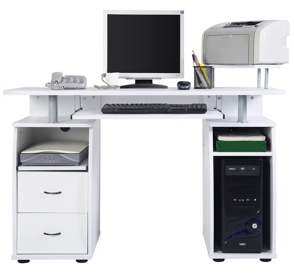 Costway Scrivania per computer da ufficio con cassetti Tavolo porta pc in legno con supporto per tastiera 120x55x85cm Bianco