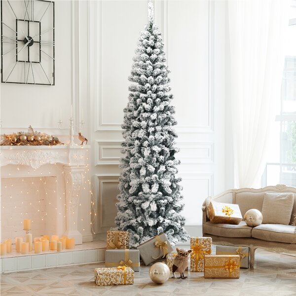 Costway Albero artificiale di Natale, Abete innevato non illuminato con aghi in PVC base pieghevole di metallo 225 cm