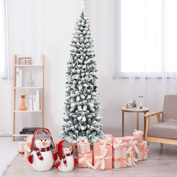 Costway Albero artificiale di Natale, Abete innevato non illuminato con aghi in PVC base pieghevole di metallo 225 cm