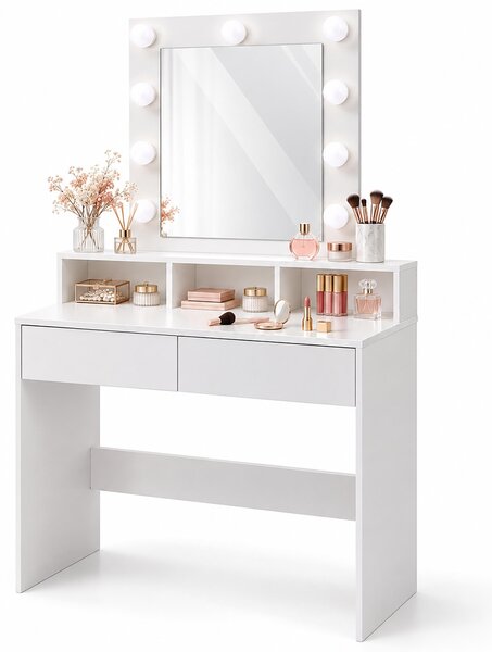 Tavolino da trucco Relaxdays con specchio "Hollywood", illuminazione, 2 cassetti, dimensioni: 140 x 80 x 40 cm, tavolino da toeletta, bianco