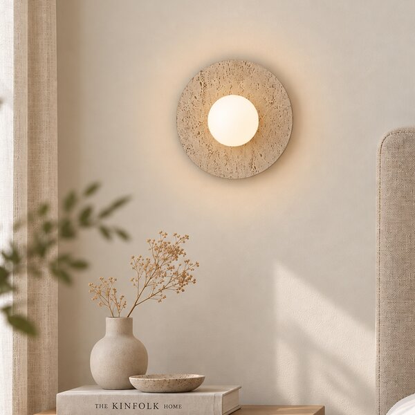 Lampada da parete Japandi in pietra naturale rotonda con vetro opale - Josie