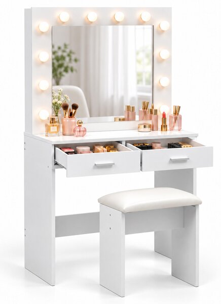 Comò da trucco Relaxdays con sgabello, specchio "Hollywood", illuminazione, 2 cassetti, dimensioni: 140x80x40 cm, tavolo da trucco, bianco