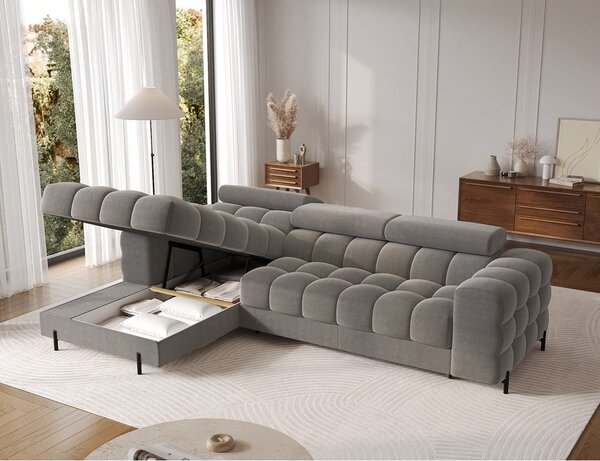 Divano angolare grigio tortora allungabile/con contenitore (con penisola a sinistra/con chaise lounge) con rivestimento in velluto Felro – ELTAP