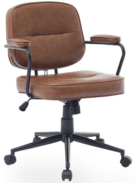 Sedia da ufficio vintage in ecopelle, con braccioli, funzione basculante e ruote, color marrone scuro
