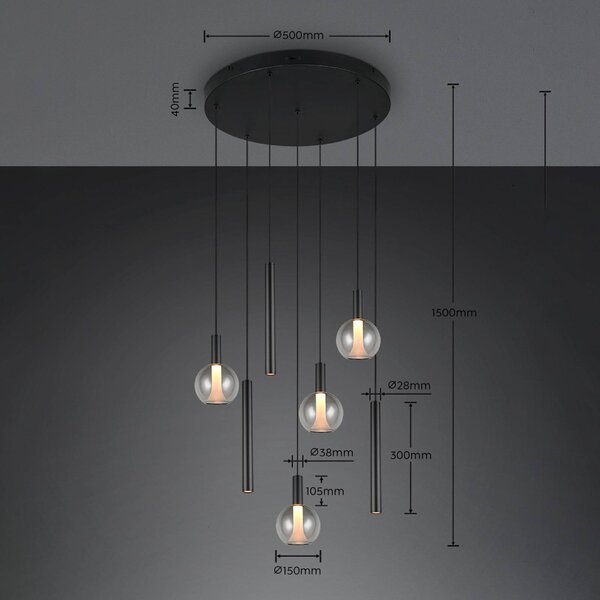 Trio Lighting Lampada a sospensione Melaro, dimmerabile, Nero, Soggiorno / Sala da pranzo, Metallo, Lampada a sospensione