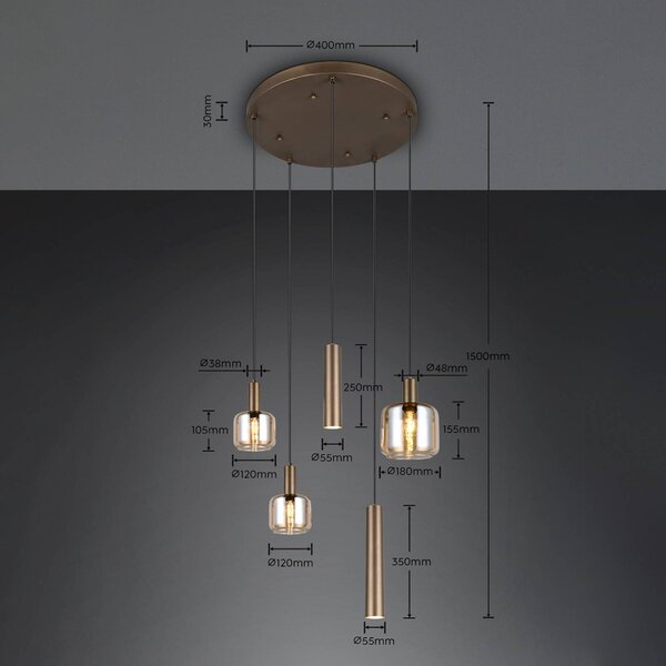 Trio Lighting Lampada a sospensione in vetro Mataro, dimmerabile, Crema / Ambra, Soggiorno / Sala da pranzo, Vetro, Moderno, Lampada a sospensione