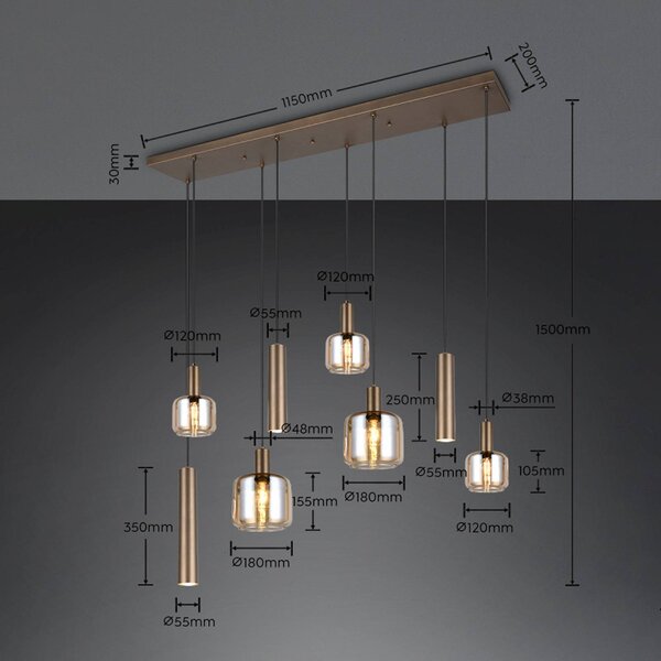 Trio Lighting Lampada a sospensione in vetro Mataro, dimmerabile, Alluminio / Grigio / Zincato, Soggiorno / Sala da pranzo, Vetro, Moderno, Lampada a sospensione