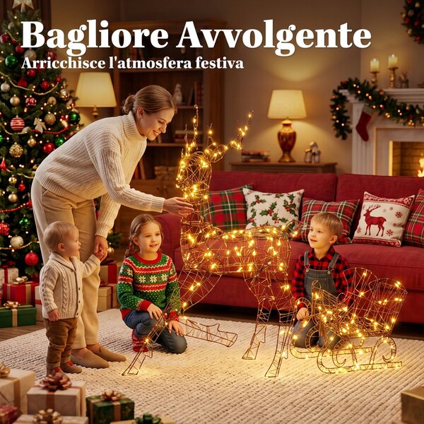 Outsunny Renna Natale Luminose con Slitta, 175 LED Bianco Caldo, 8 Modalità di Illuminazione, Timer, IP44, Marrone | Aosom Italy