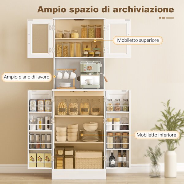 HOMCOM Credenza Cucina Alta 180cm, 8 Portaspezie sulla Ante, Ante in Acrilico, Ripiano Regolabile, Foro Passacavi, per Sala da Pranzo Soggiorno Bianco | Aosom Italy