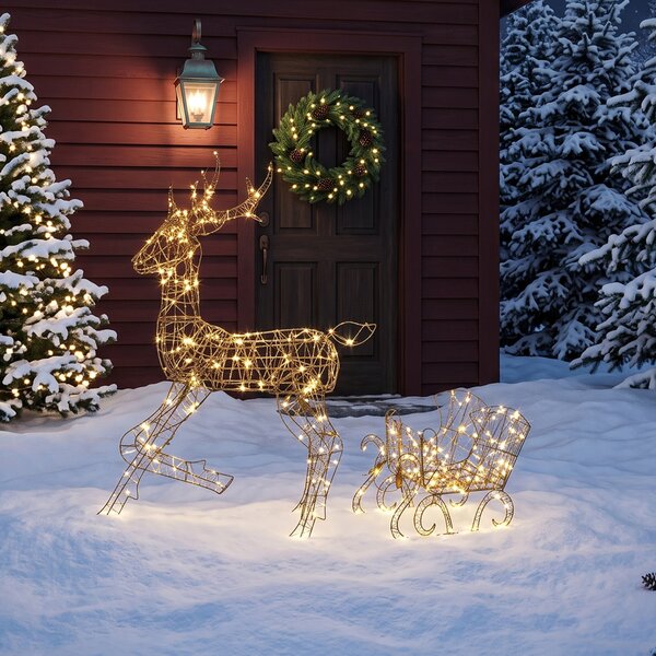 Outsunny Renna Natale Luminose con Slitta, 175 LED Bianco Caldo, 8 Modalità di Illuminazione, Timer, IP44, Marrone | Aosom Italy