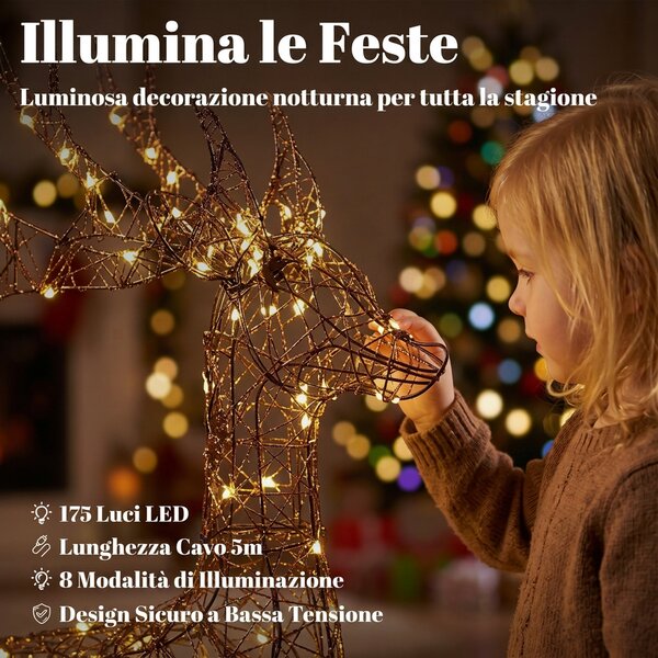 Outsunny Renna Natale Luminose con Slitta, 175 LED Bianco Caldo, 8 Modalità di Illuminazione, Timer, IP44, Marrone | Aosom Italy
