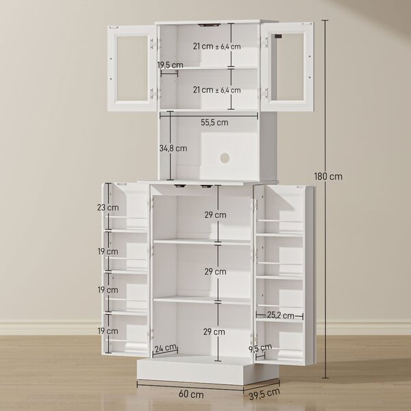 HOMCOM Credenza Cucina Alta 180cm, 8 Portaspezie sulla Ante, Ante in Acrilico, Ripiano Regolabile, Foro Passacavi, per Sala da Pranzo Soggiorno Bianco | Aosom Italy