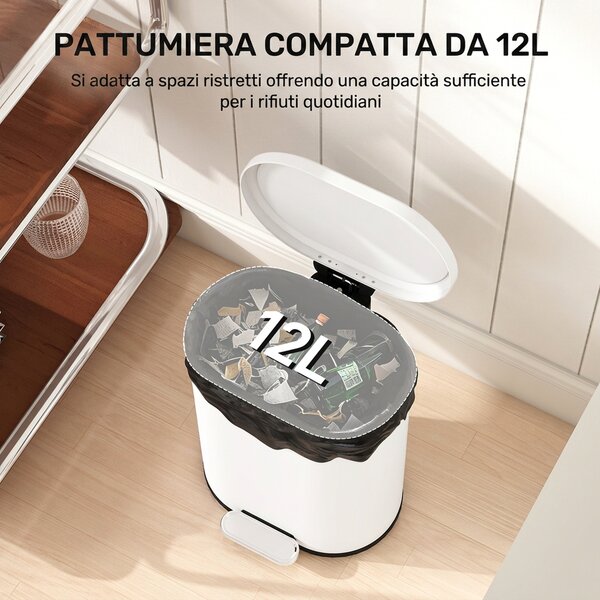 HOMCOM Pattumiera Rettangolare a Pedale 12L in Metallo con Secchio Interno Rimovibile, Chiusura Ammortizzata, Bianco | Aosom Italy