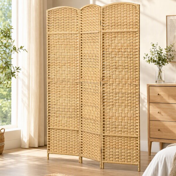 HOMCOM Paravento 3 Ante Pieghevole per Interni Autoportante e Intrecciato, 135x180 cm, Effetto Naturale