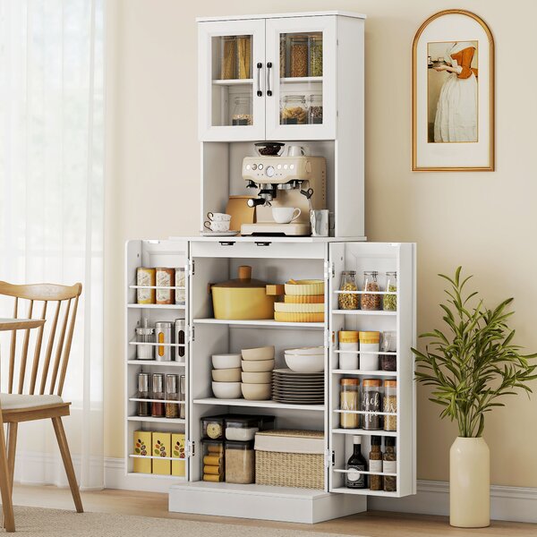 HOMCOM Credenza Cucina Alta 180cm, 8 Portaspezie sulla Ante, Ante in Acrilico, Ripiano Regolabile, Foro Passacavi, per Sala da Pranzo Soggiorno Bianco | Aosom Italy
