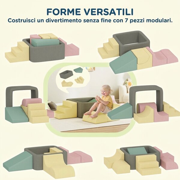 AIYAPLAY Set di 7 Costruzioni Morbide per Bambini 3-6 Anni con Rivestimenti Lavabili in Velluto a Coste, Multicolore | Aosom Italy