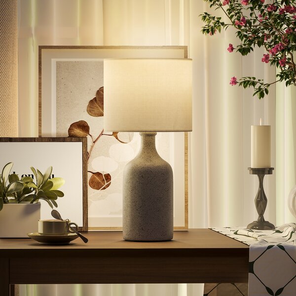 HOMCOM Lampada da tavolo con base in ceramica e paralume in lino, 22x22x45 cm, Sabbia e Bianco | Aosom Italy