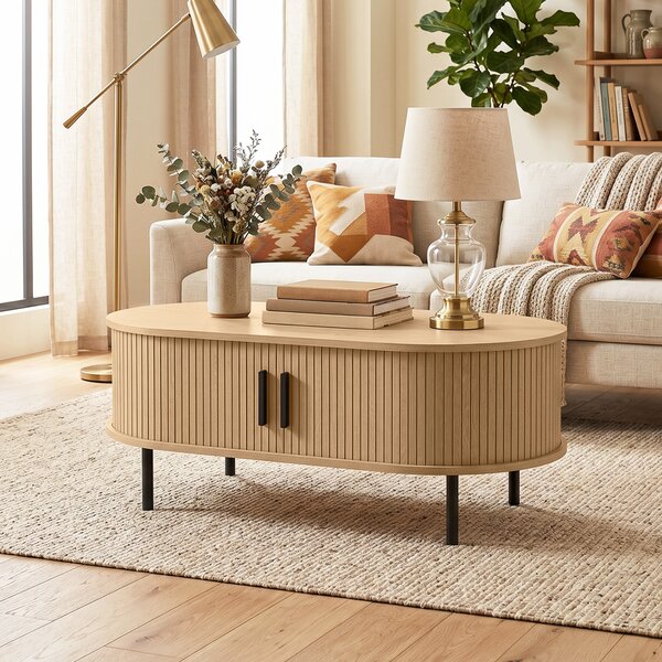 HOMCOM Tavolino ovale con ante scorrevoli e vano nascosto, 100x55x40 cm, Legno Naturale | Aosom Italy