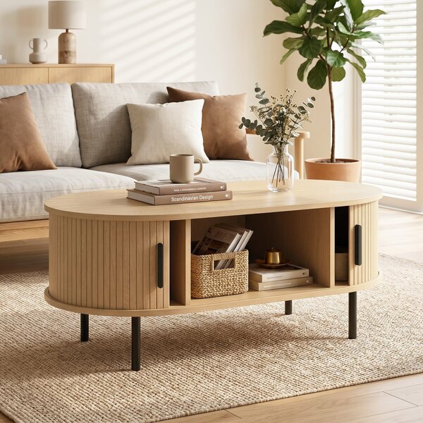 HOMCOM Tavolino ovale con ante scorrevoli e vano nascosto, 100x55x40 cm, Legno Naturale | Aosom Italy
