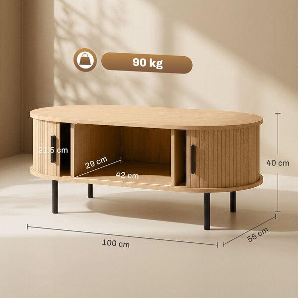 HOMCOM Tavolino ovale con ante scorrevoli e vano nascosto, 100x55x40 cm, Legno Naturale | Aosom Italy