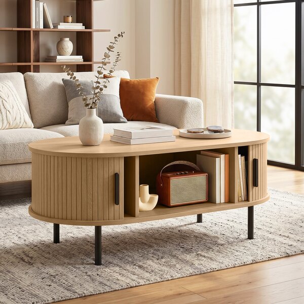 HOMCOM Tavolino ovale con ante scorrevoli e vano nascosto, 100x55x40 cm, Legno Naturale | Aosom Italy