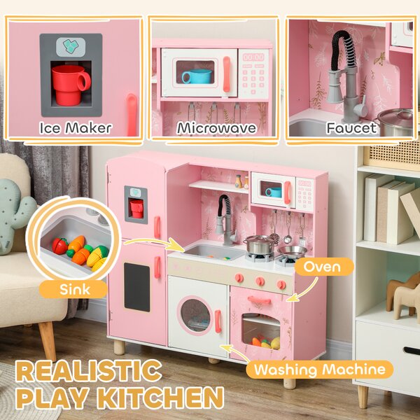 AIYAPLAY Cucina giocattolo con luci, suoni, forno e microonde, Rosa | Aosom Italy