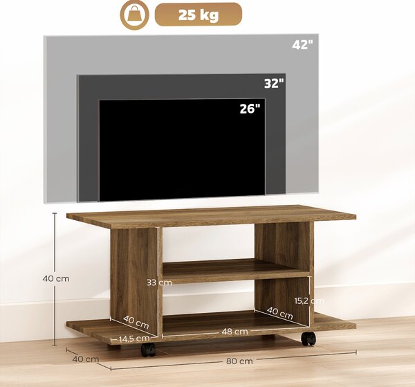 HOMCOM Mobile Porta TV Moderno con Ripiani, Ruote Girevoli e Freni, 80x40x40 cm, Color Noce | Aosom Italy