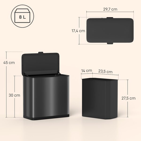 HOMCOM Cestino Spazzatura da 8L con Coperchio in Acciaio Inox e Secchio Interno Rimovibile, 29.7x17.4x30 cm, Nero | Aosom Italy