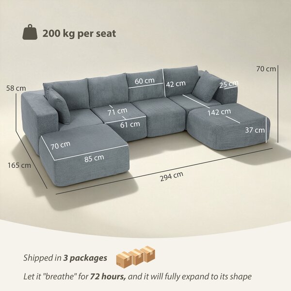 HOMCOM Divano Modulabile ad Angolo in Tessuto Effetto Velluto e Schiuma con Cuscini, 294x165x70 cm, Grigio Scuro | Aosom Italy