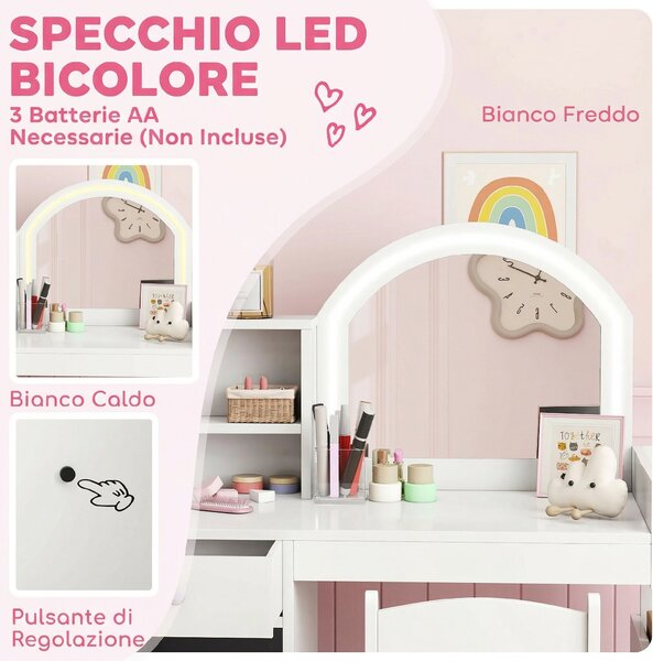 AIYAPLAY Set Toeletta Trucco per Bambini 2 in 1 con Specchio, Sedia, Luce LED, Armadietto, Scaffali e Libreria, Bianco | Aosom Italy
