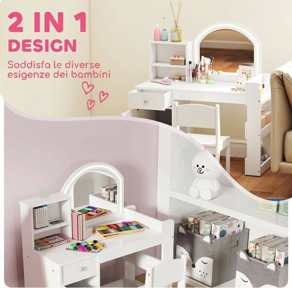 AIYAPLAY Set Toeletta Trucco per Bambini 2 in 1 con Specchio, Sedia, Luce LED, Armadietto, Scaffali e Libreria, Bianco | Aosom Italy