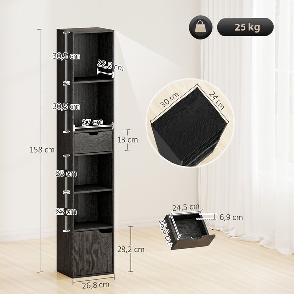 HOMCOM Scaffale Libreria a 4 Ripiani Aperti con Armadietto e Cassetto, 30x24x158 cm, Nero | Aosom Italy