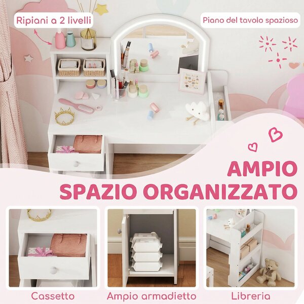 AIYAPLAY Set Toeletta Trucco per Bambini 2 in 1 con Specchio, Sedia, Luce LED, Armadietto, Scaffali e Libreria, Bianco | Aosom Italy