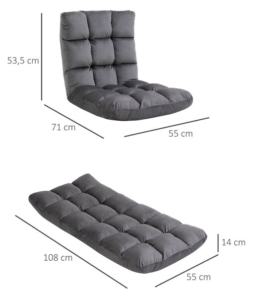 HOMCOM Poltrona da Terra in Velluto con Schienale Reclinabile fino 180° e Imbottitura Spessa, 55x71x53.5cm, Grigio Scuro | Aosom Italy