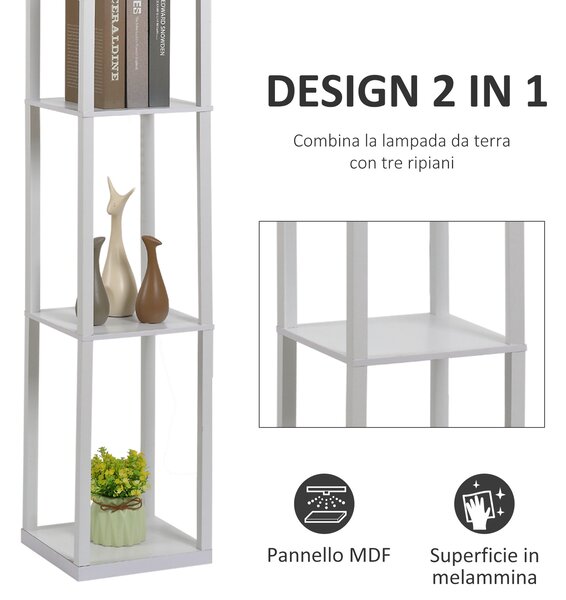 HOMCOM Lampada da Terra con 3 Mensole Integrate, Attacco E27 Potenza 40W, Arredamento Moderno in MDF, 26x26x160cm, Bianco|Aosom
