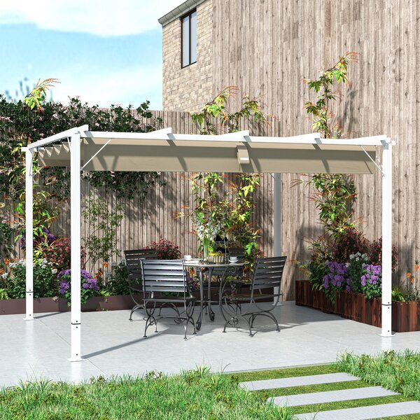 Outsunny Pergola da giardino esterno in alluminio 3 x 4 m con tetto retrattile, parasole UPF30+, per terrazza, patio, bianco
