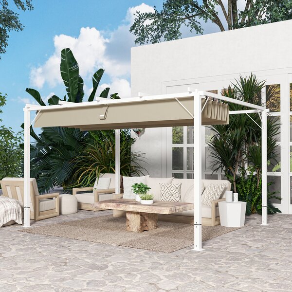 Outsunny Pergola da giardino esterno in alluminio 3 x 4 m con tetto retrattile, parasole UPF30+, per terrazza, patio, bianco