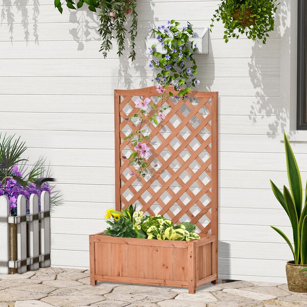 Outsunny Jardinière con Griglia - vaso per Fiori - dim. 70L x 28P x 117H cm - Fondo a Doghe - Legno Abete pre-olio