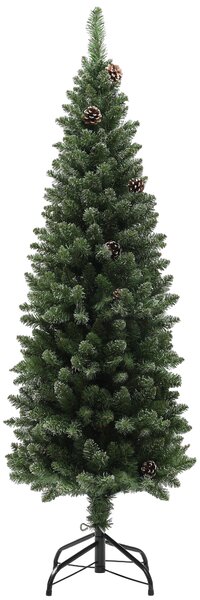 Albero di Natale Innevato Slim 150 cm 395 Rami con Pigne in Plastica e Acciaio Verde