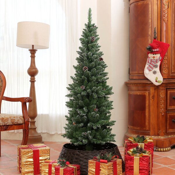 Albero di Natale Innevato Slim 150 cm 395 Rami con Pigne in Plastica e Acciaio Verde