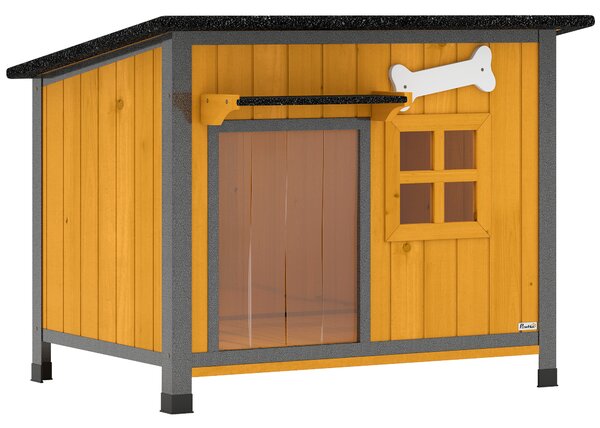 PawHut Cuccia per Cani da Esterno in Legno e Acciaio Anti-Morso, Tetto Apribile e Tenda per Porta, Giallo | Aosom Italy