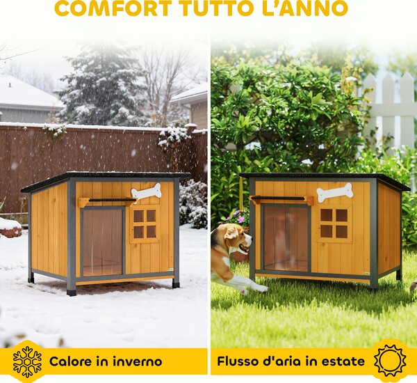 PawHut Cuccia per Cani da Esterno in Legno e Acciaio Anti-Morso, Tetto Apribile e Tenda per Porta, Giallo | Aosom Italy