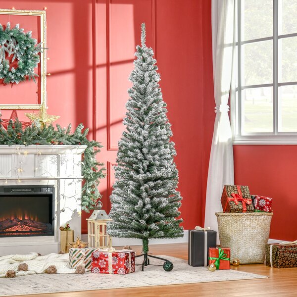 Albero di Natale Innevato Slim 180 cm 492 Rami Effetto Neve in PP e Acciaio Inox Verde
