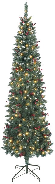 Albero di Natale 210 cm 656 Rami e 300 Luci LED Decorato con 55 Pigne e 55 Grappoli di Bacche Verde e Argento